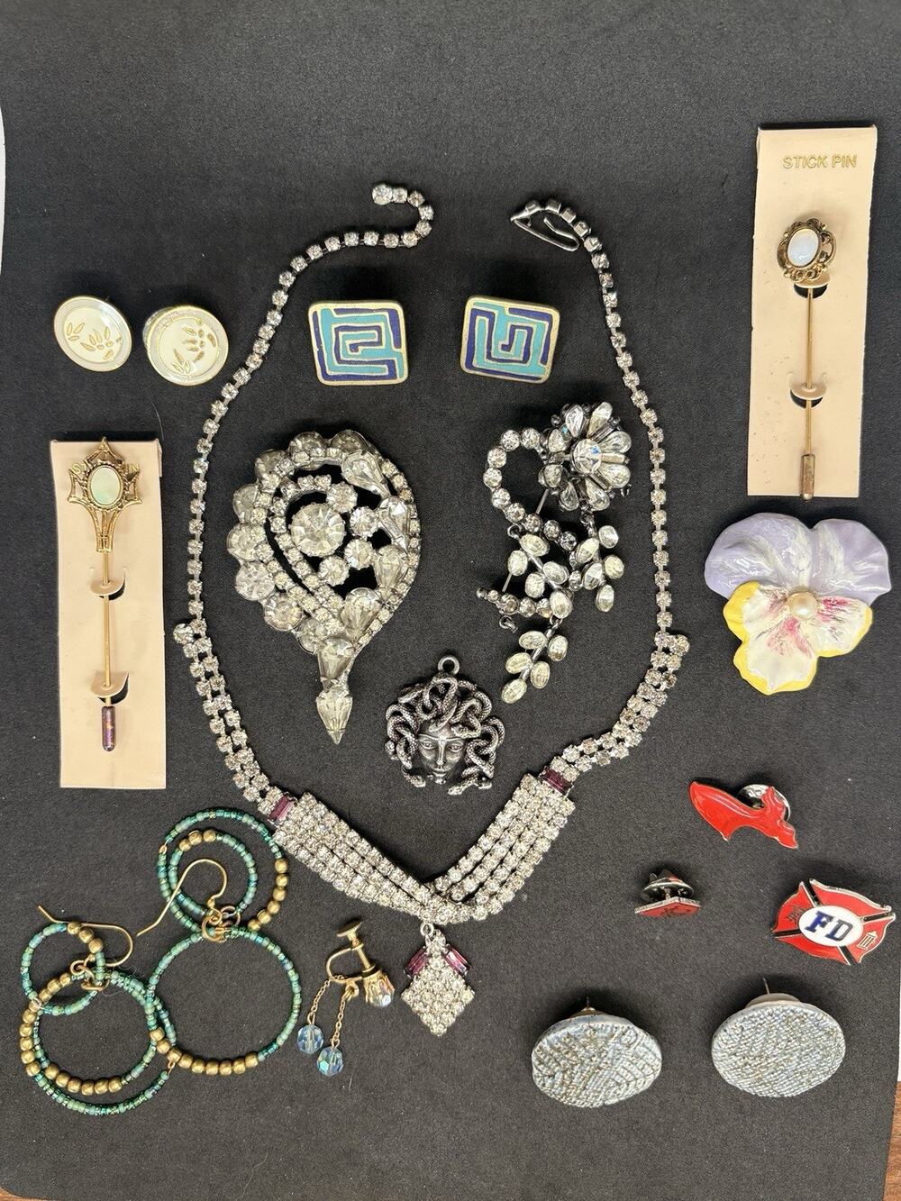 Vintage Costume Rhinestone Enamel Bead Medusa Brooch Pendant Earring Jewelry Lot